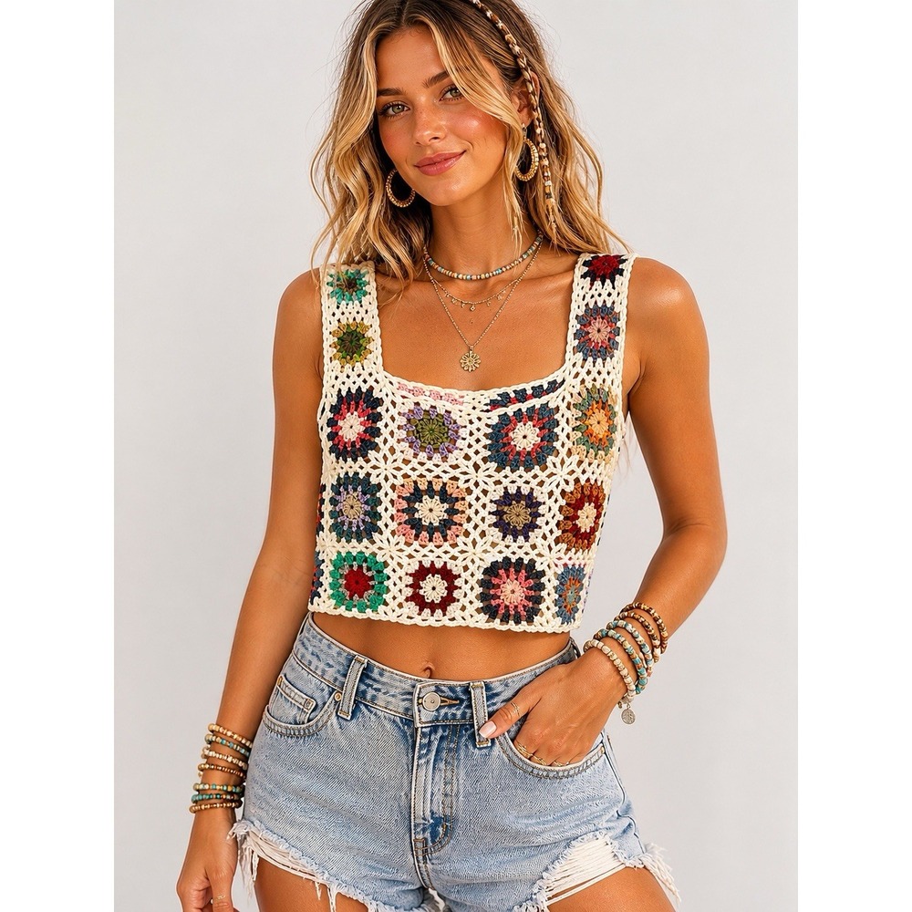 Crochet Floral Square Neck Crop Top - Cream Multicolor